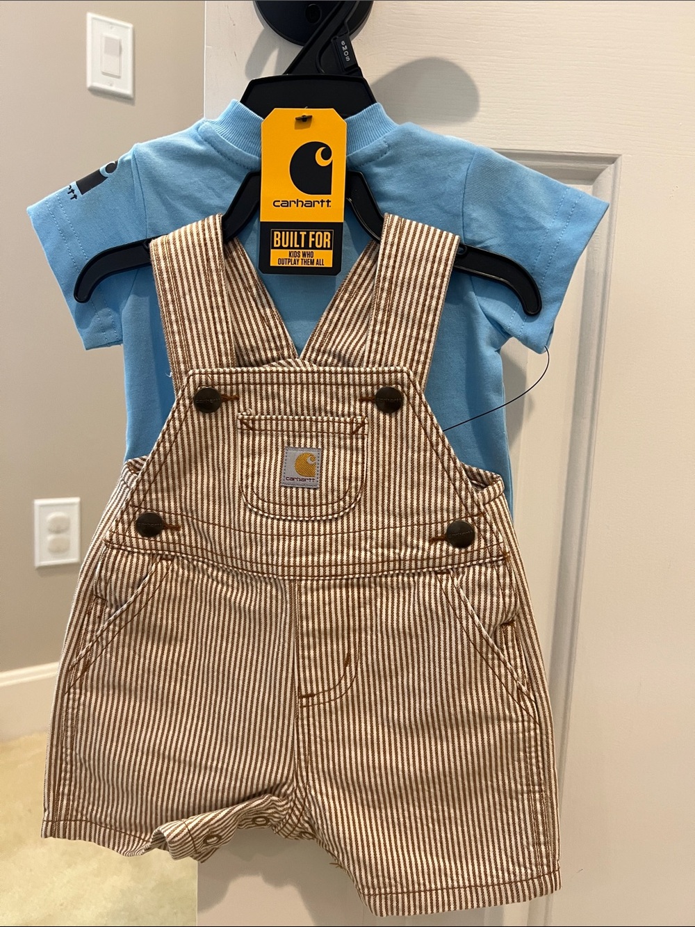 NWT! Carhartt Baby Striped Overalls + matching blue shirt
